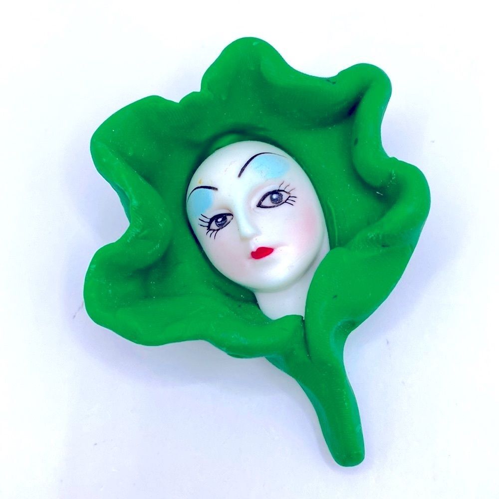Vintage Lady Face In Flower Petal Brooch